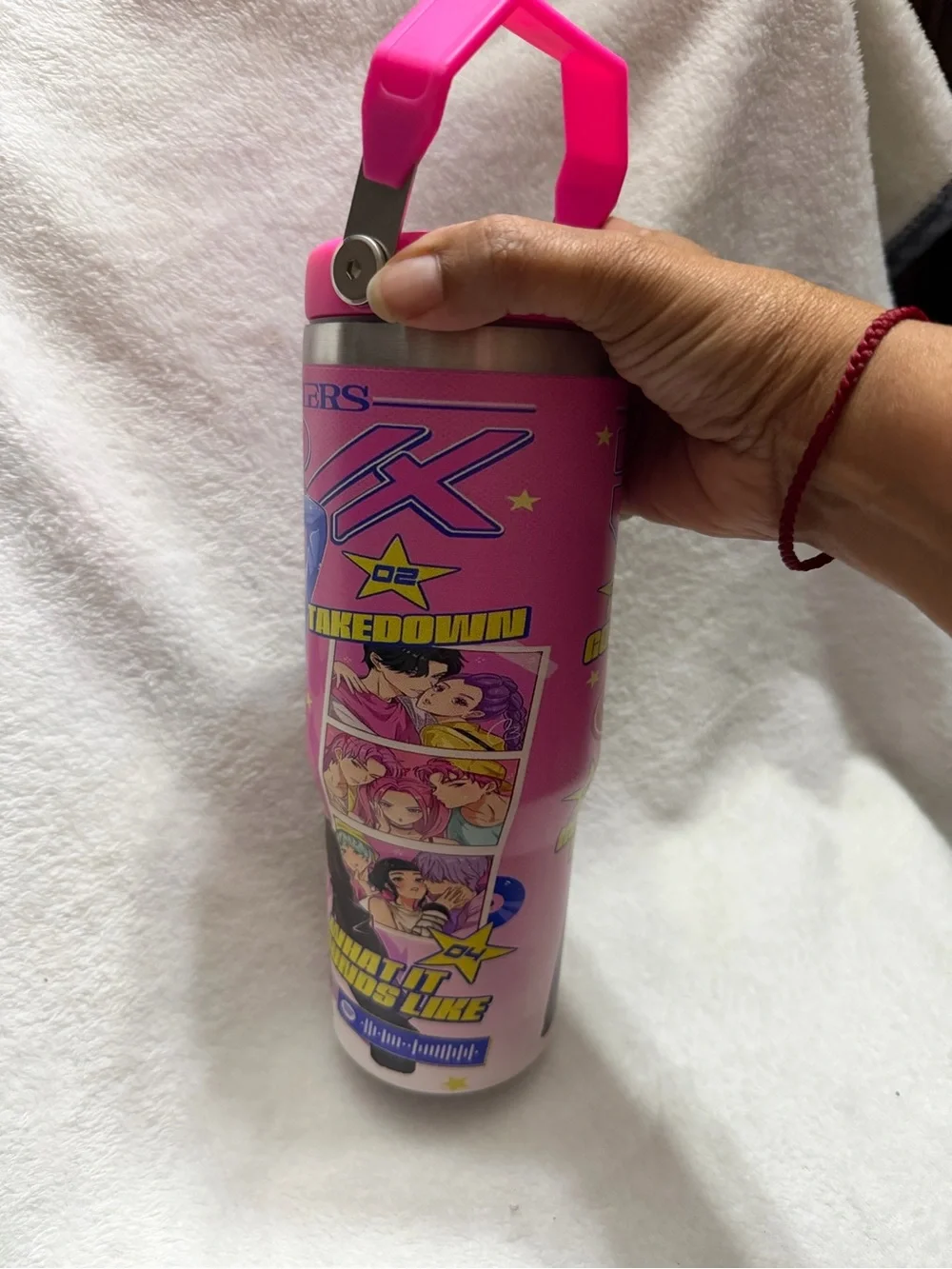 Kids Pink Cartoon Stainless Steel Water Bottle with Carry Handle